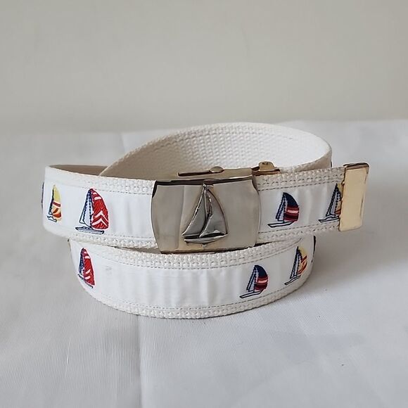 VIntage Nautical Maritme Coastal Sailboats Solid Brass Buckle Belt Made In Usa - Picture 1 of 8